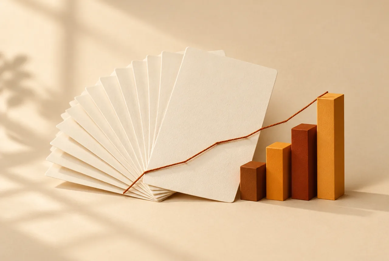 Blank cream cards fanned out beside rising rust and amber bar-chart blocks, with a thread tracing an upward line