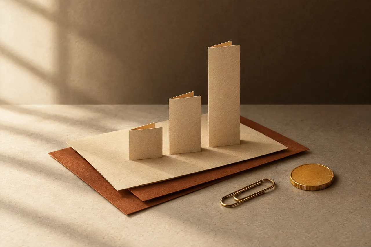 Paper bars of different heights beside a coin and paper clip