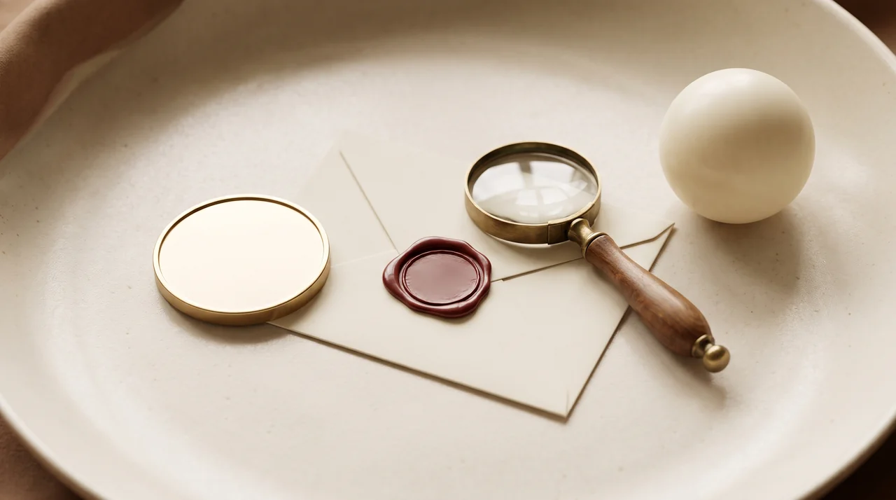 A plain gold token, a blank envelope with a red wax seal, a brass magnifying glass with a wooden handle and an ivory ball on a cream tray
