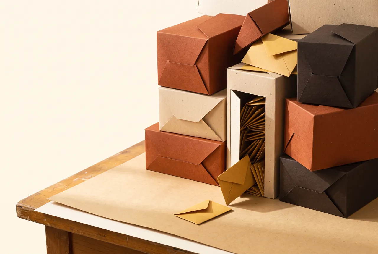 Small gold paper envelopes squeezing through a narrow doorway cut into a stack of folded paper boxes