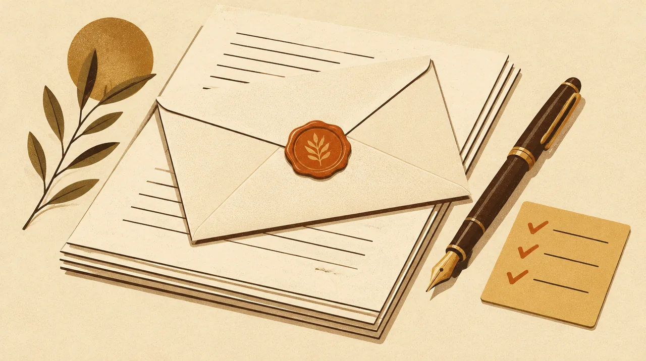 A sealed envelope on manuscript pages beside a fountain pen and a checklist