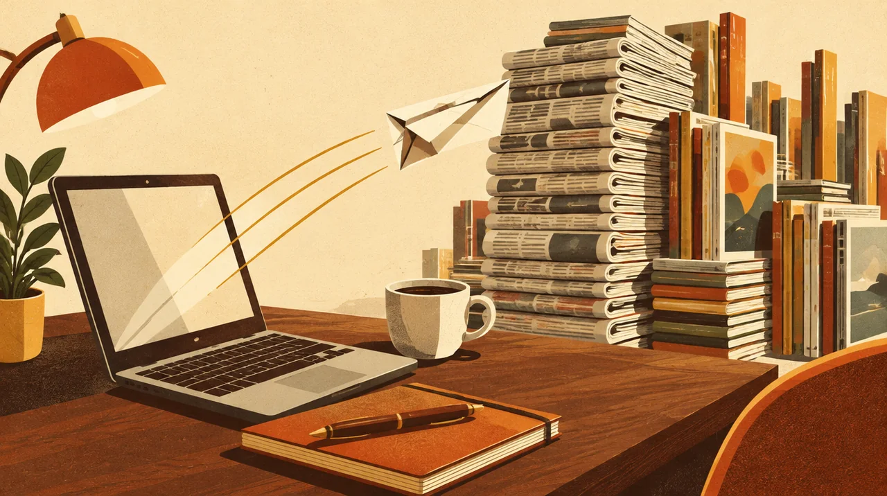 A writer's desk sending a pitch toward a skyline of newspapers and magazines