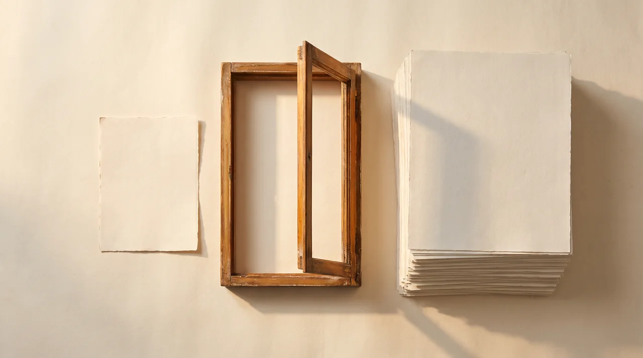 A wooden window frame lying ajar on a cream surface, with a stack of blank paper on one side and a single sheet on the other
