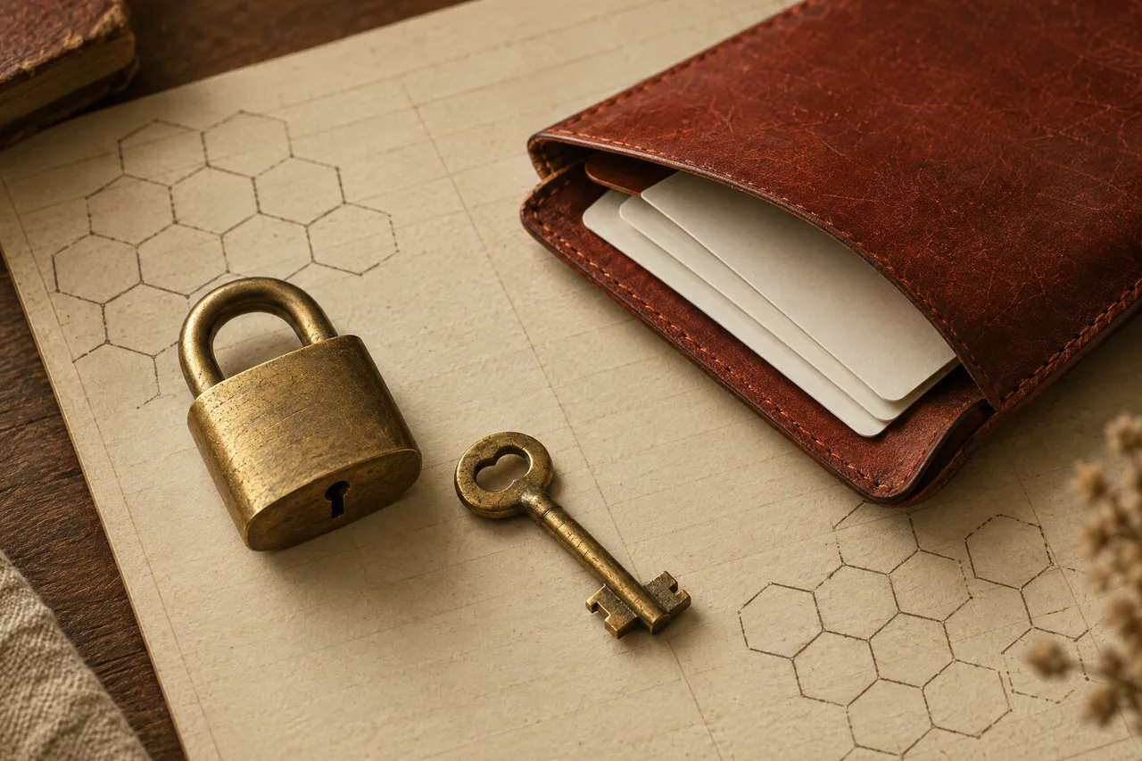 Brass padlock and key beside a leather card wallet