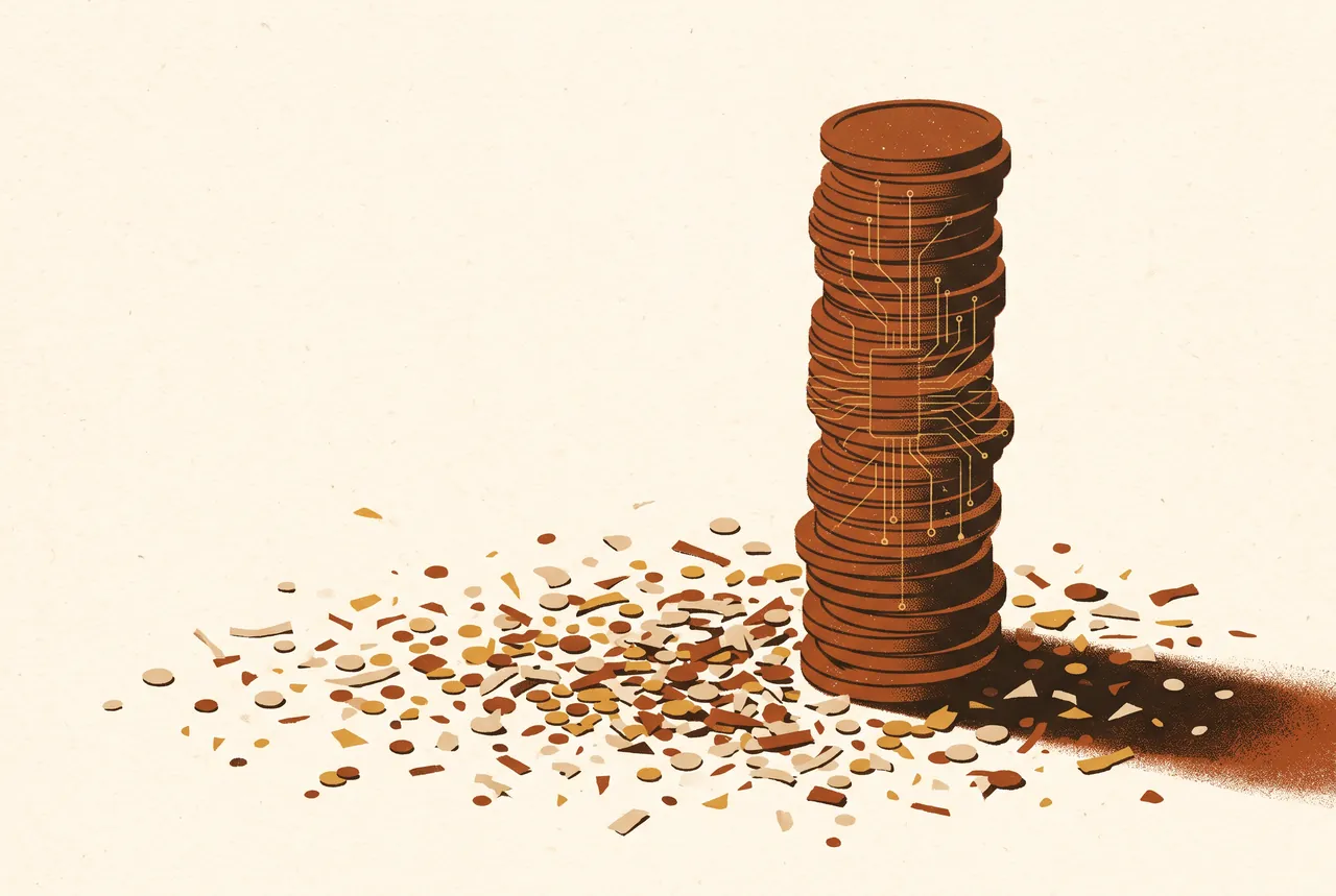 A tall stack of rust-colored tokens towering over a scatter of small paper chips on a cream desk