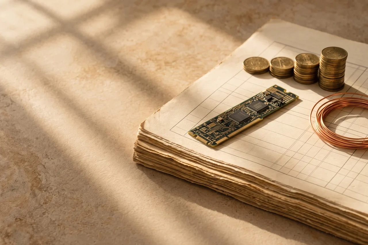 A circuit board resting on paper ledger pages beside stacked brass coins