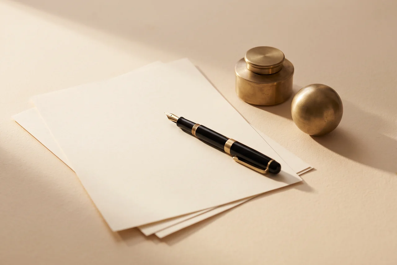 A fountain pen on blank cream writing paper beside a brass inkwell
