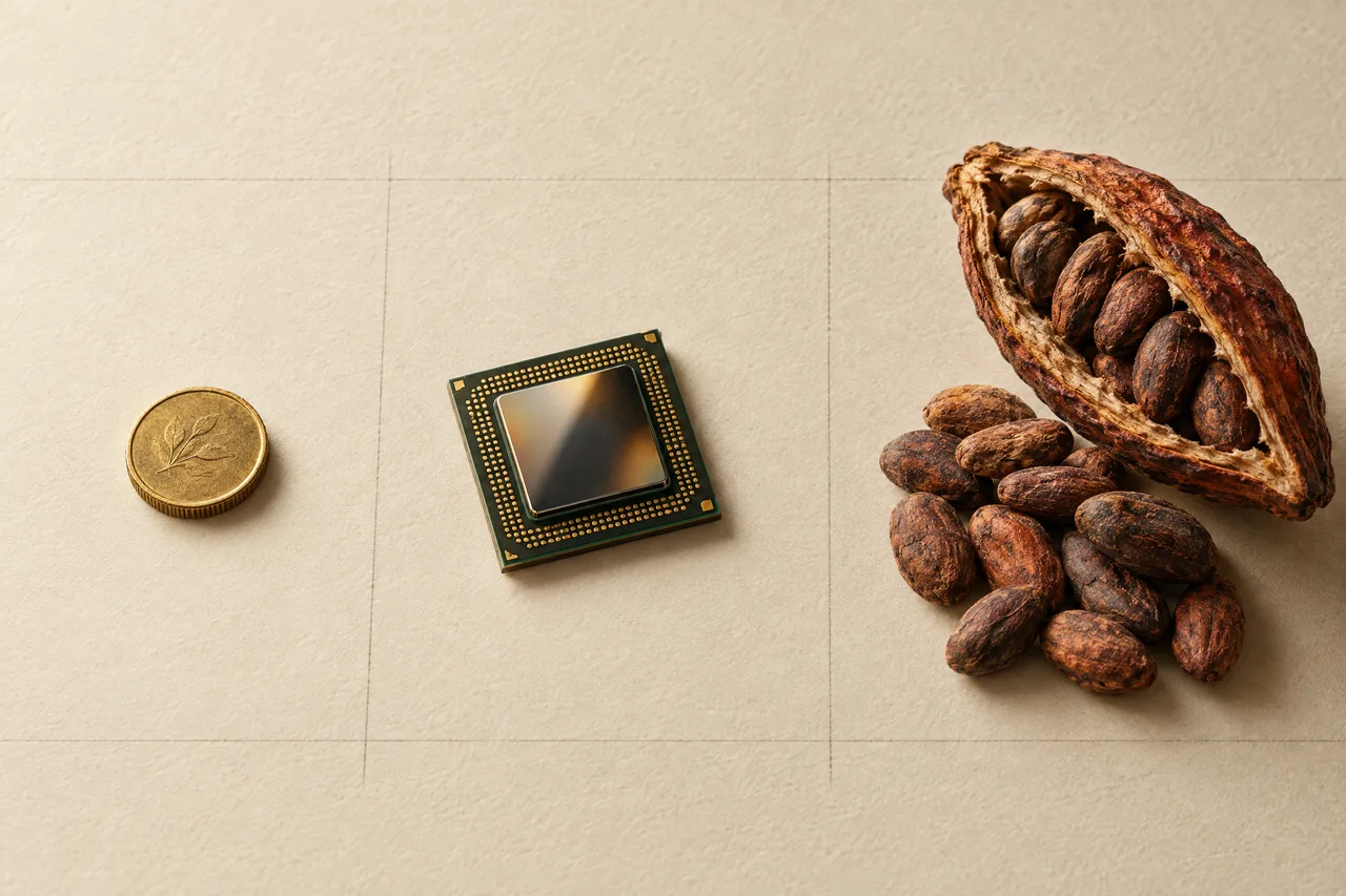 A coin, a computer chip and cocoa beans side by side