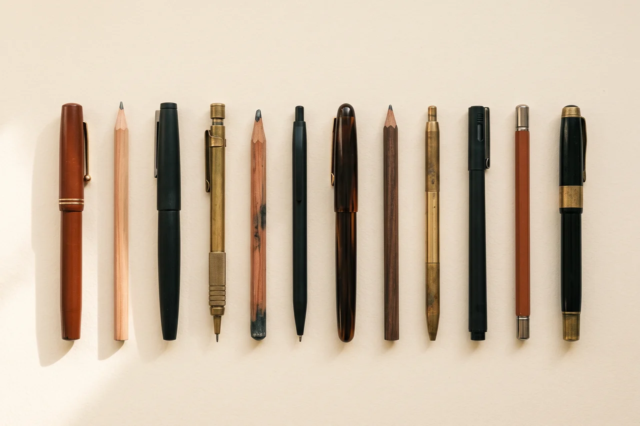 A row of pens and pencils laid side by side on cream paper