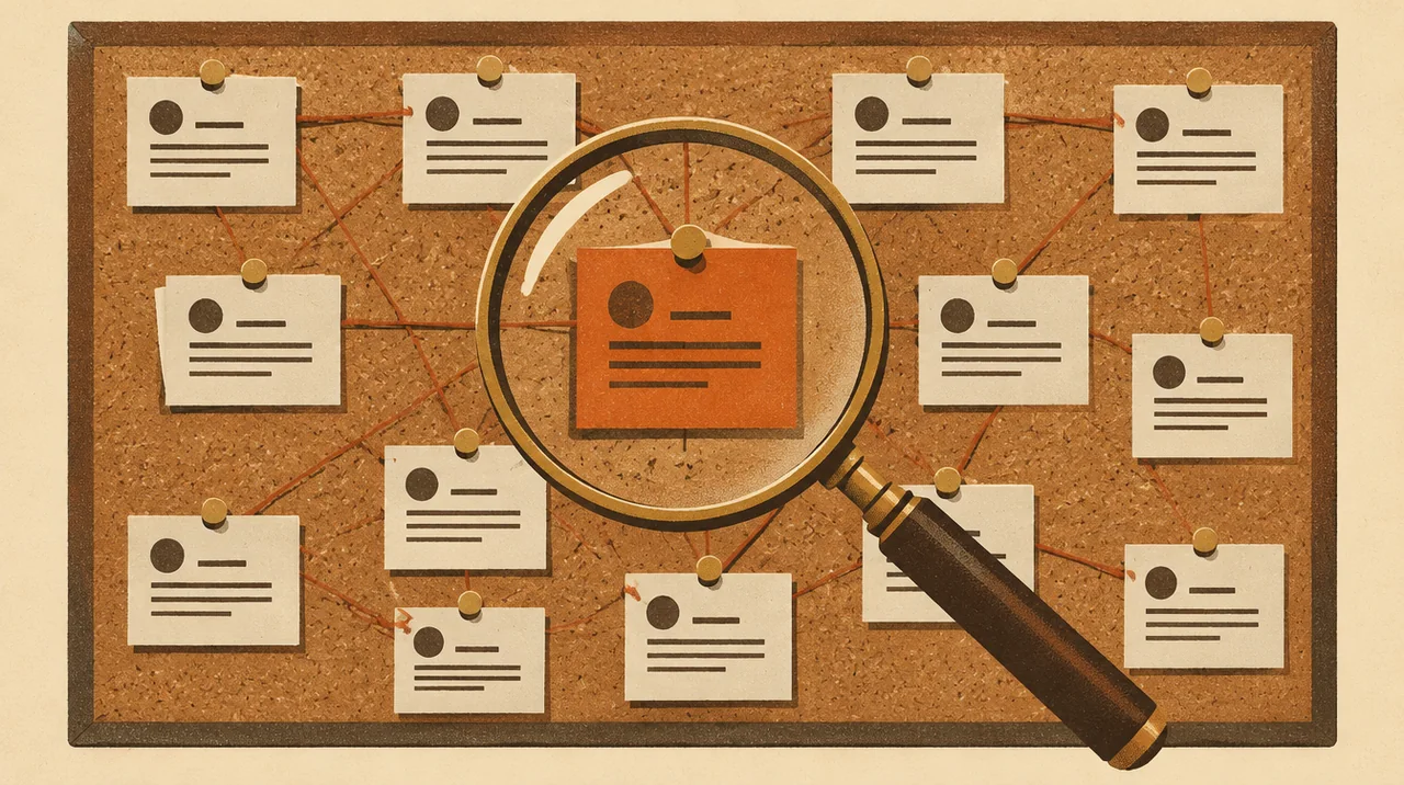 A magnifying glass over index cards on a corkboard, one highlighted