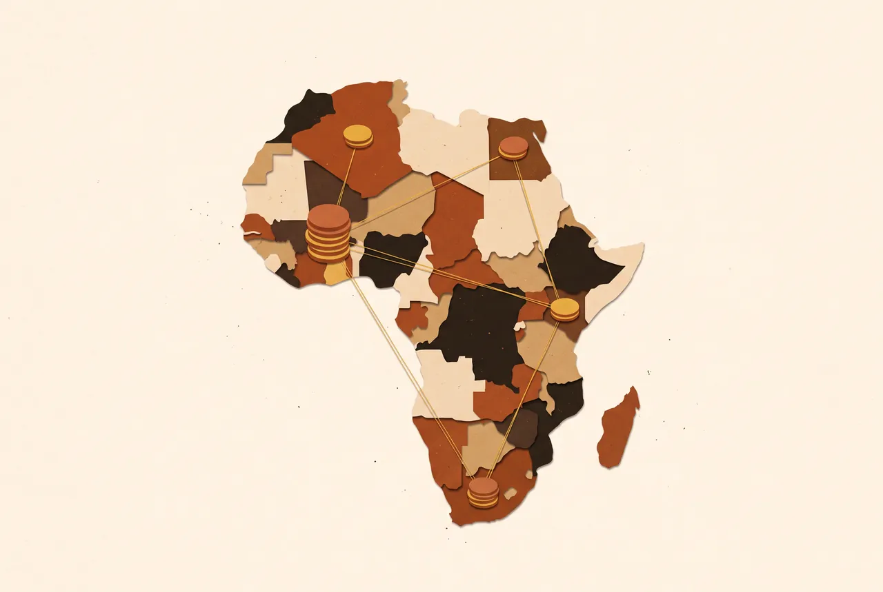 A paper-cut map of Africa on a cream desk with small stacks of rust and gold coins joined by gold threads