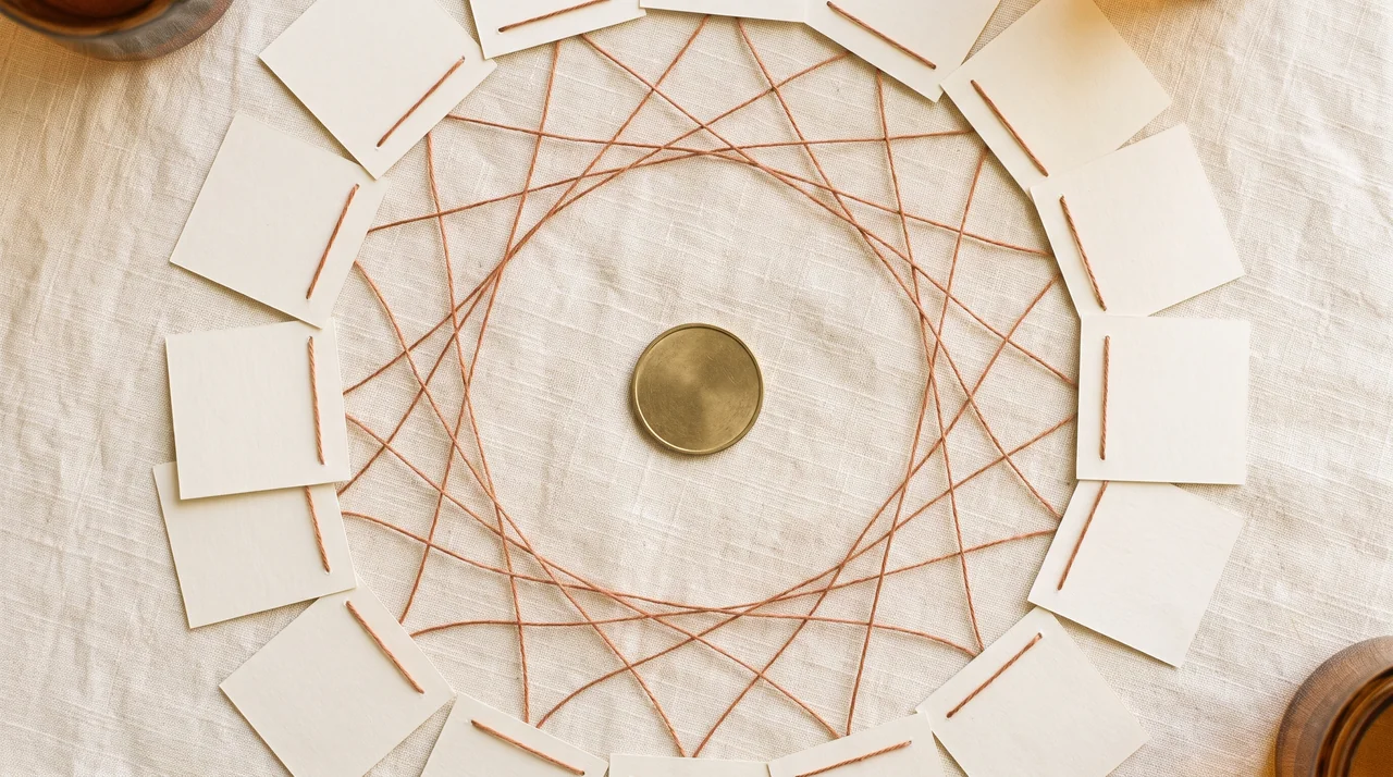 A plain brass coin at the centre of a circle of blank paper squares joined by terracotta threads on cream fabric