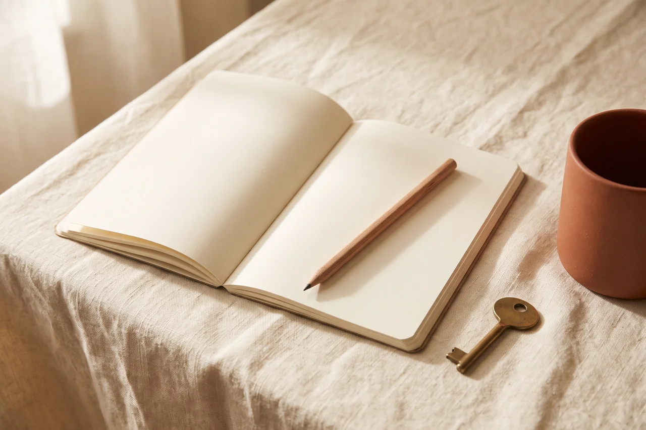 An open notebook with blank pages, a pencil and a small brass key on a cream linen surface