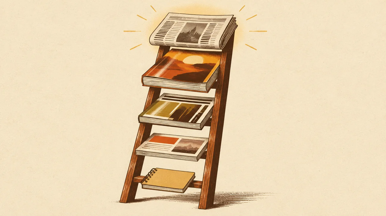 A ladder built from publications that grow larger toward the top